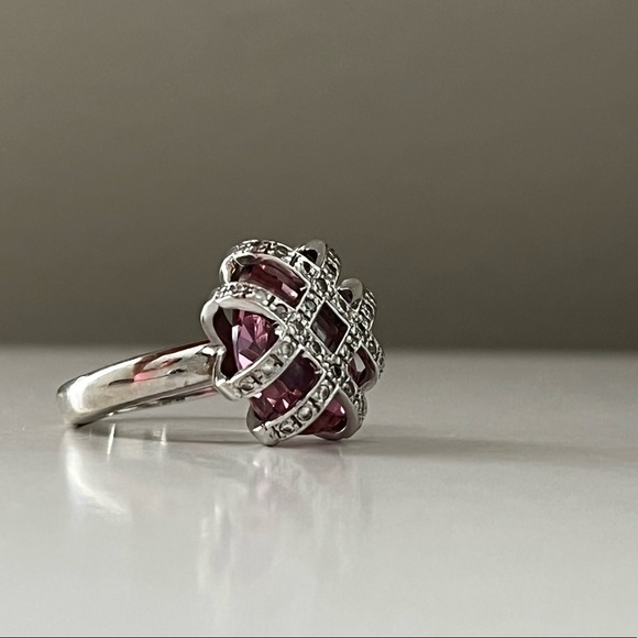 14k white gold pink sapphire and diamond chips ring - Picture 5 of 12